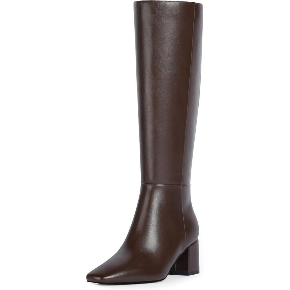Women's Chocolate Chunky Heel Square Toe Block Heeled Long Fall Side Zipper Boot